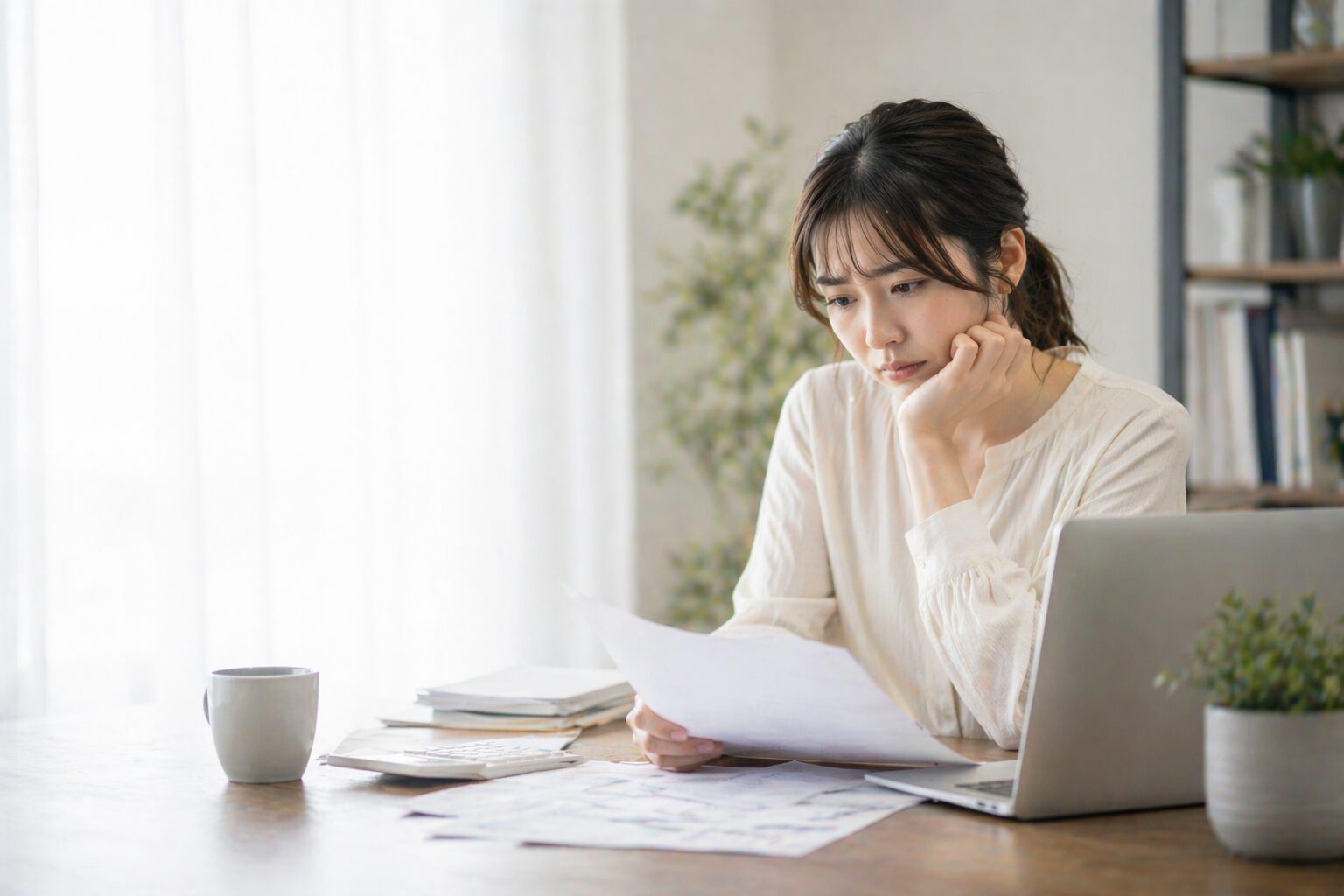 書類を見て悩んでいる様子