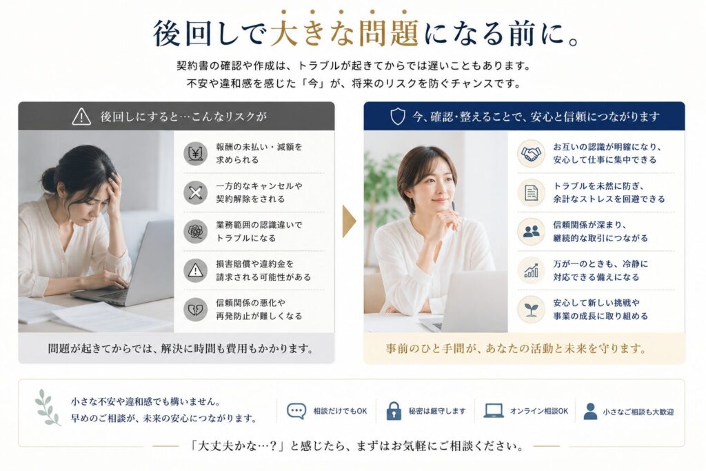 契約書を後回しにすることで大きな問題となる前に