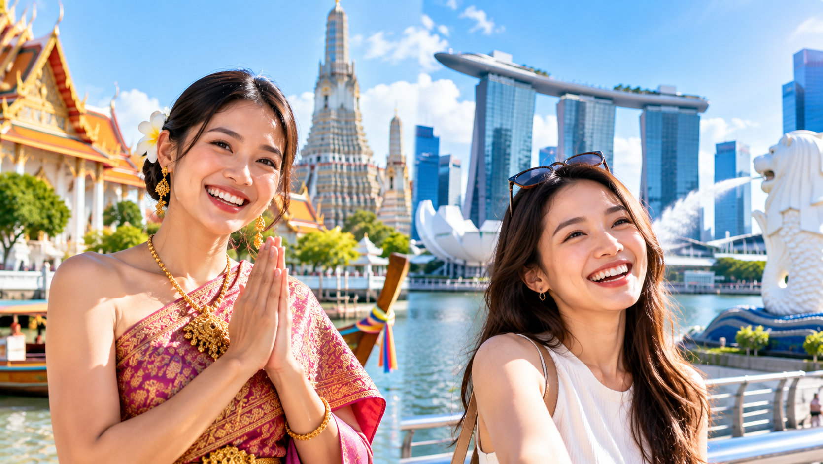 旅行を楽しむ日本人と外国人の女性